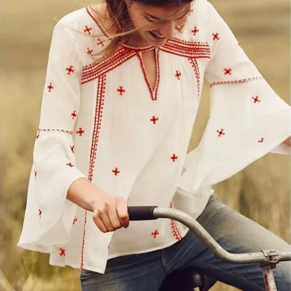 Anthropologie Floreat Adena Red Embroidered White Flowy Boho Top